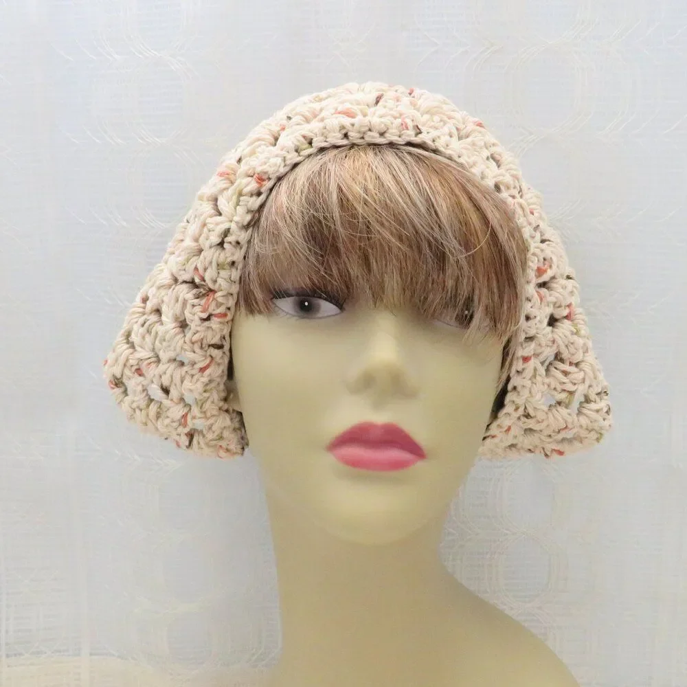 Beige Crocheted Bandana, Women Boho Cottage Core Hair Accessories, Festival Wear